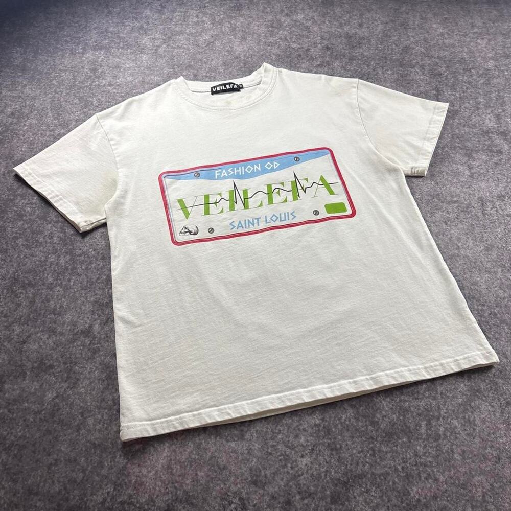 VEILEFA Men’s M White Saint Louis License Plate Double Sided Graphic Tee Y2K